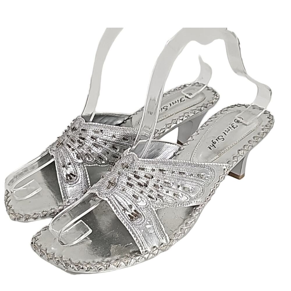 First Sight Womens Silver Embellished Slip On Low Heel Prom Wedding Party Size 9